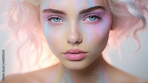 Model wearing a delicate pastel paint makeup palette, highlighting the cheeks