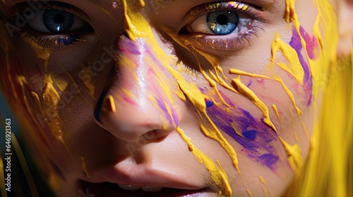 Model with abstract yellow and purple paint strokes on the face, emphasizing the forehead region