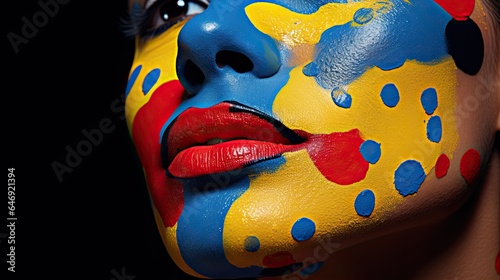 Model with speckled paint makeup in bold primary colors, focusing on the nose bridge