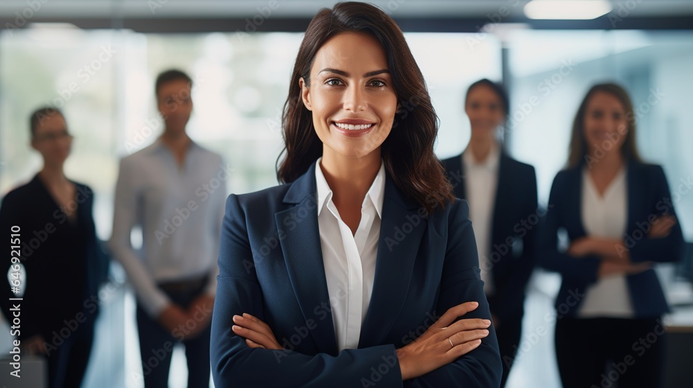 portrait of beautiful business woman standing with crossed arms in office background portrait of beautiful business woman standing with crossed arms in office background