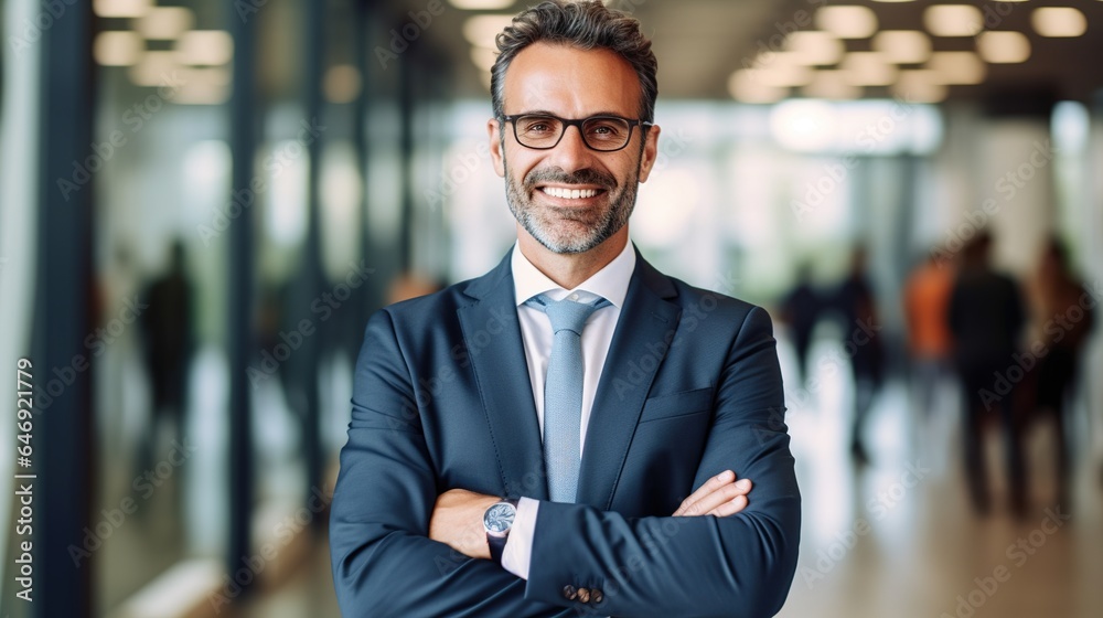 portrait of a professional man or CEO a smiling with arms crossed at office. generative ai portrait of a professional man or CEO a smiling with arms crossed at office. generative ai