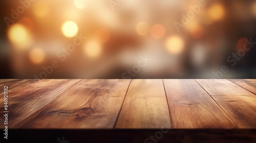 Close up of a wooden table with blurred background in 3D.
