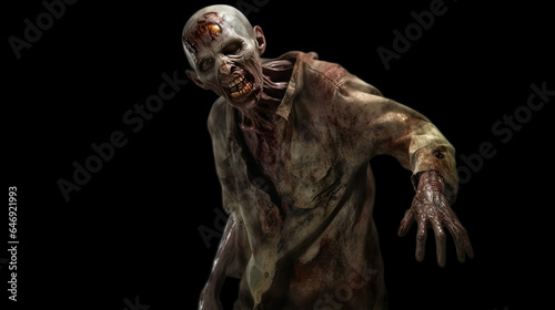 Scary zombie trying to attack. isolated black background. Generative AI.