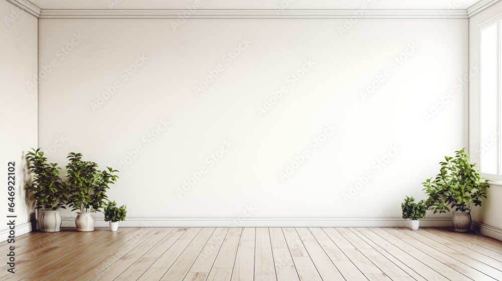 Empty white room with a wooden floor and plants. Empty white room with a wooden floor and plants.