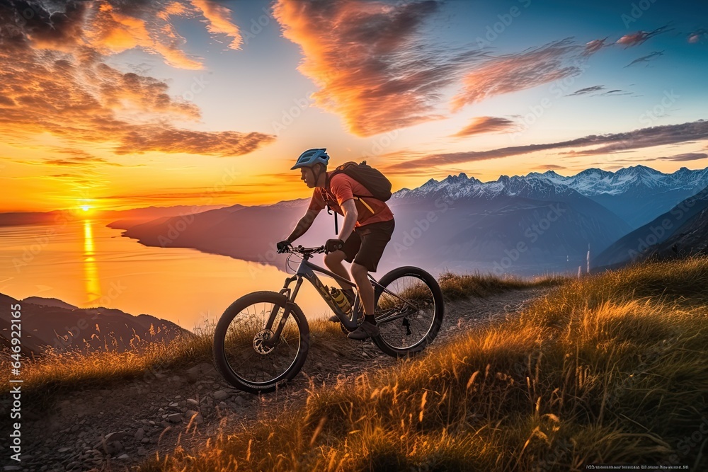 A cyclist rides a bicycle on an extreme descent. A man on a mountain bike races through the mountains. Extreme sports in nature and a healthy lifestyle.
