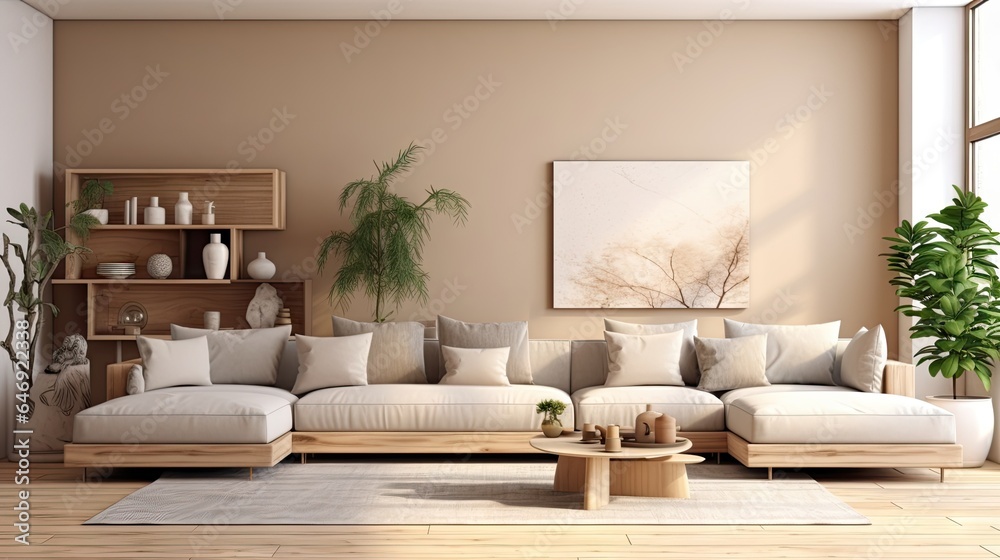 Modern home decor template with a stylish modular beige sofa, wooden coffee tables, plants, pillows, plaid, neutral room divider, elegant accessories. Modern home decor template with a stylish modular beige sofa, wooden coffee tables, plants, pillows, plaid, neutral room divider, elegant accessories.