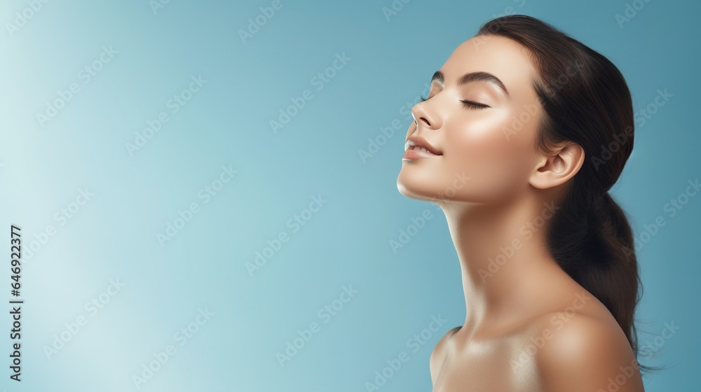 Close-up portrait of a beautiful brunette woman with natural makeup, showcasing her clean, glamorous look in a studio setting Close-up portrait of a beautiful brunette woman with natural makeup, showcasing her clean, glamorous look in a studio setting