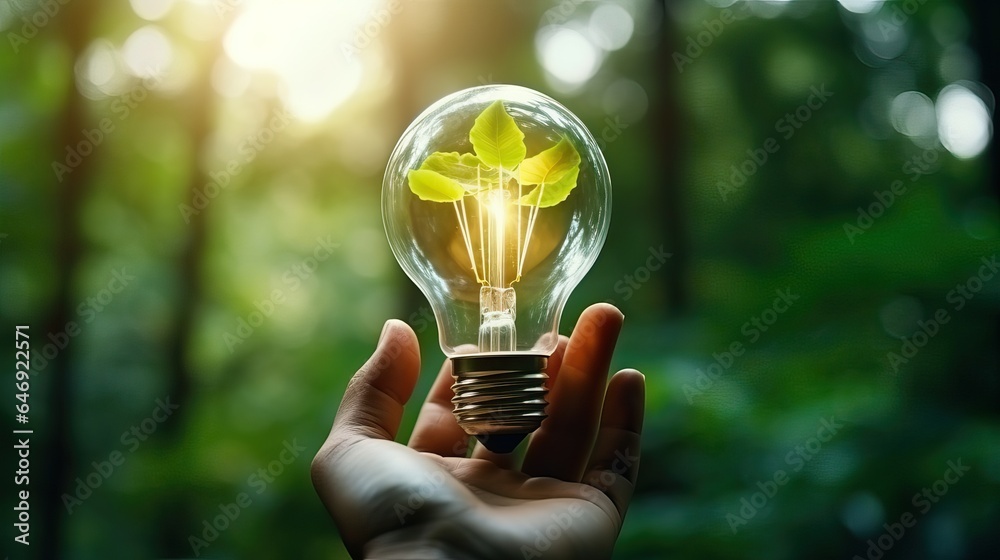 Hand hold light bulb with nature green leaf - obrazy, fototapety, plakaty 