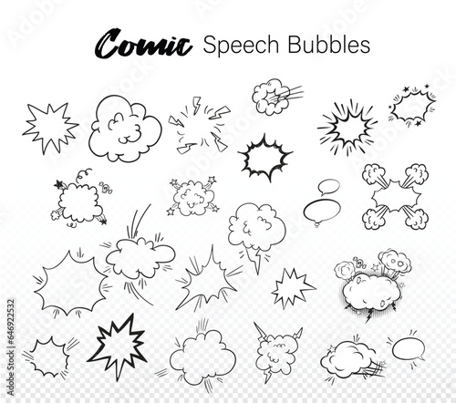 Set of comics bombs and explosions. Speech bubbles with words splash, bam, crack, pow, boom, crash and bang. Design elements for print. Cartoon flat vector collection isolated on white background 