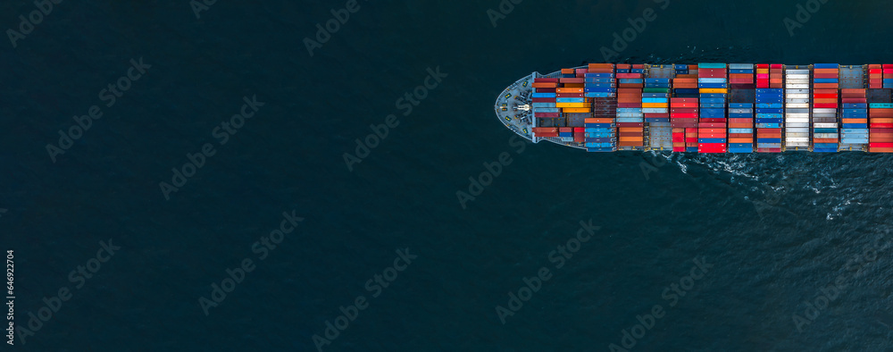 Container ship aerial top view close up, Global business logistic freight shipping import export international by container ship vessel in the open sea, Container cargo industrial freight shipment. - obrazy, fototapety, plakaty 