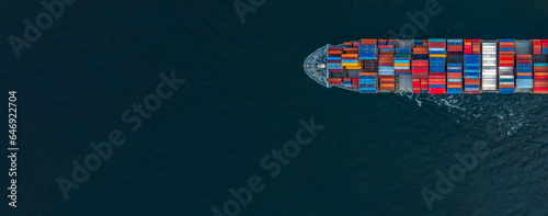 Container ship aerial top view close up, Global business logistic freight shipping import export international by container ship vessel in the open sea, Container cargo industrial freight shipment.