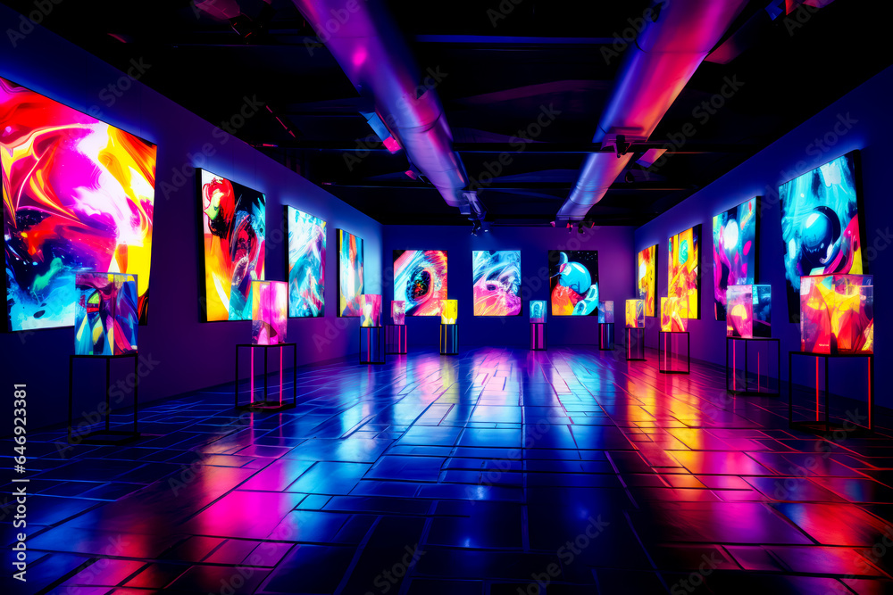 Brightly lit room with lot of colorful paintings on the walls and floor. Brightly lit room with lot of colorful paintings on the walls and floor.