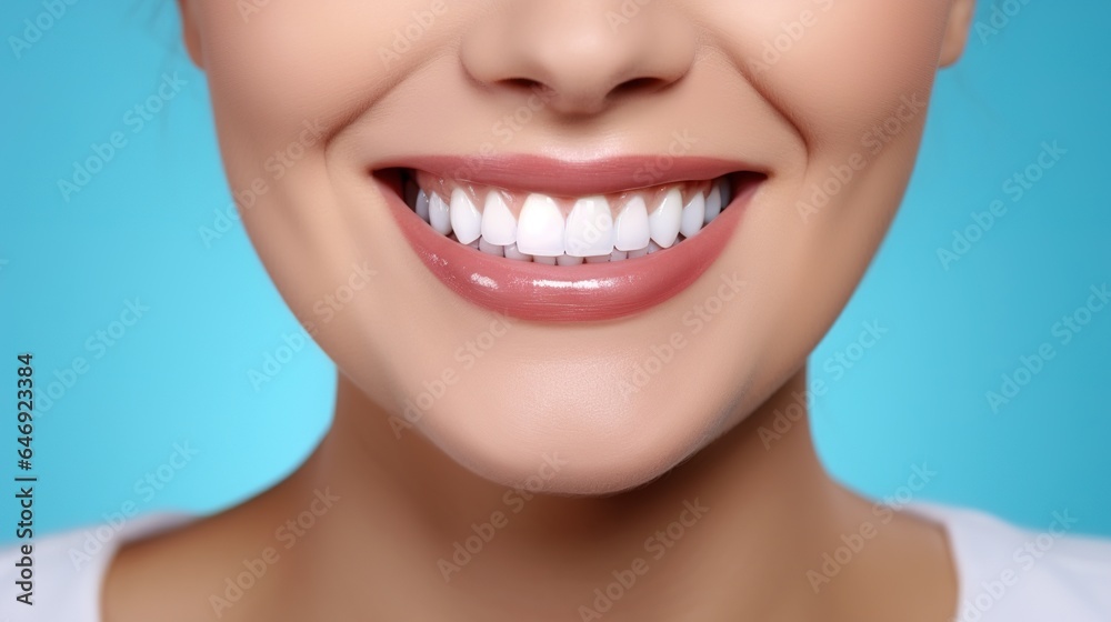 Obraz premium Beautiful female smile after teeth whitening procedure. Dental care. Dentistry concept. generative ai