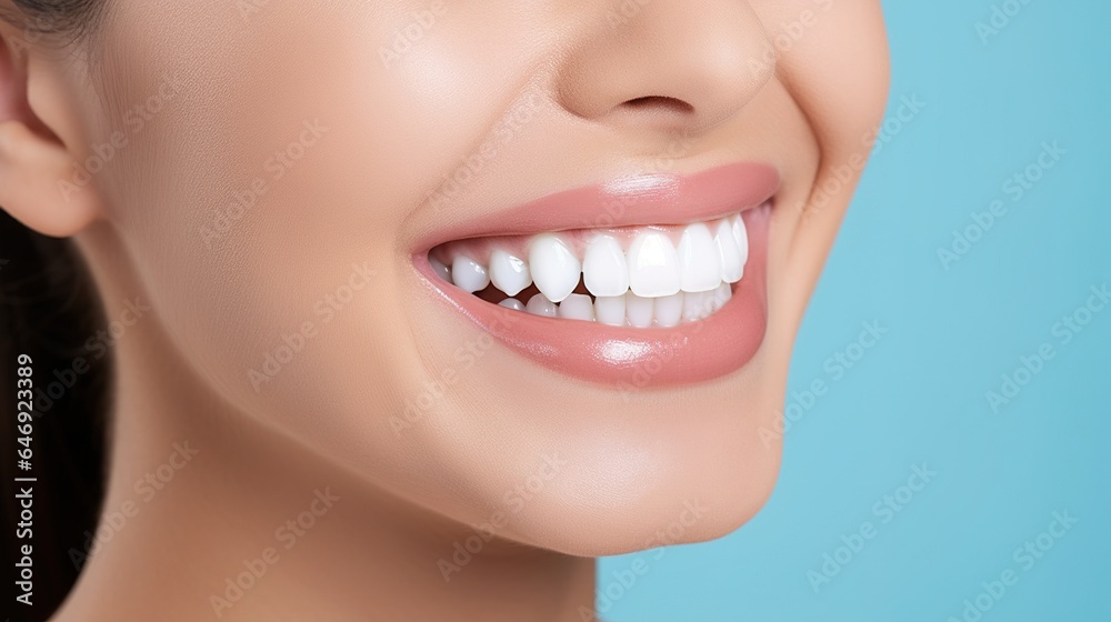 Fototapeta premium close up of a woman smiling, teeth whitening, a stunning feminine grin. tooth care. notion of dentistry. 