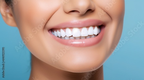 A young woman s smile shows off her pearly whites. a consequence of the teeth-whitening process. The picture represents dental treatment for the mouth.  