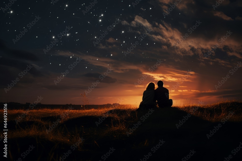 Couple lying in an open field, hands intertwined, as meteors blaze across a starlit sky, embodying eternal love under the vast cosmos