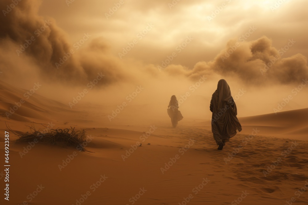 Amidst a fierce desert sandstorm, a lone nomad shields their face, standing resilient against nature's overwhelming onslaught.

