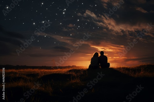 Couple lying in an open field  hands intertwined  as meteors blaze across a starlit sky  embodying eternal love under the vast cosmos