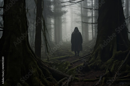 Hooded figure journeys through an ancient forest, where towering trees emerge from the dense fog, creating an aura of mysticism and intrigue.