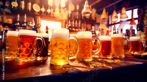 Row of beer mugs sitting on top of table next to each other. photo