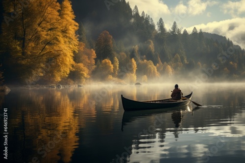 Serene canoe journey on a placid lake, capturing the mirrored beauty of autumnal trees. © Kishore Newton