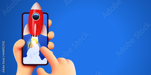 Cute cartoon hand holding mobile smartphone with launching rocket. Social media and marketing concept.