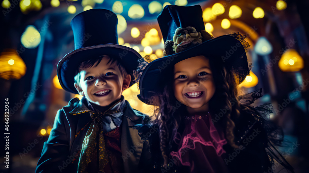 Two children dressed up in witches hats and scarves at halloween party. Two children dressed up in witches hats and scarves at halloween party.
