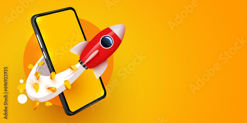 Smartphone with flying rocket and golden coins. E-commerce concept.