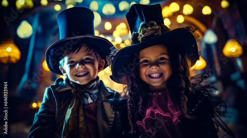 Two children dressed up in witches hats and scarves at halloween party.