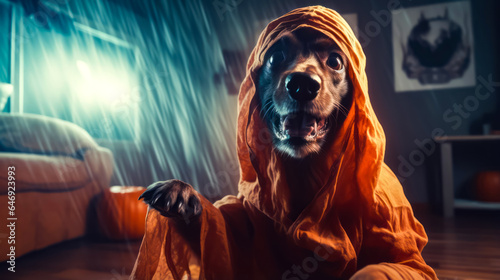 Dog in raincoat is sitting in the rain with it's paws in the air.