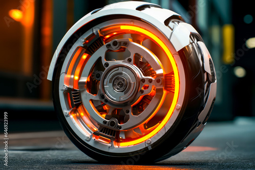 Close up of motorcycle wheel with light on the side of it.