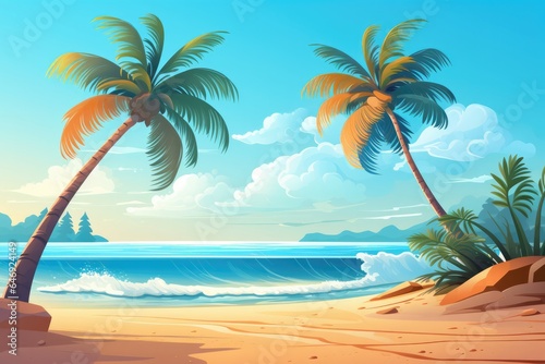 Sandy beach with palm trees.