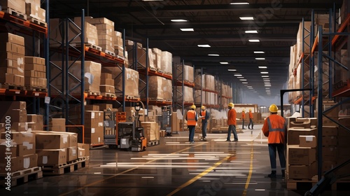 warehouse workers moving goods and counting stock in aisle between rows of tall shelves full of packed boxes. generative ai