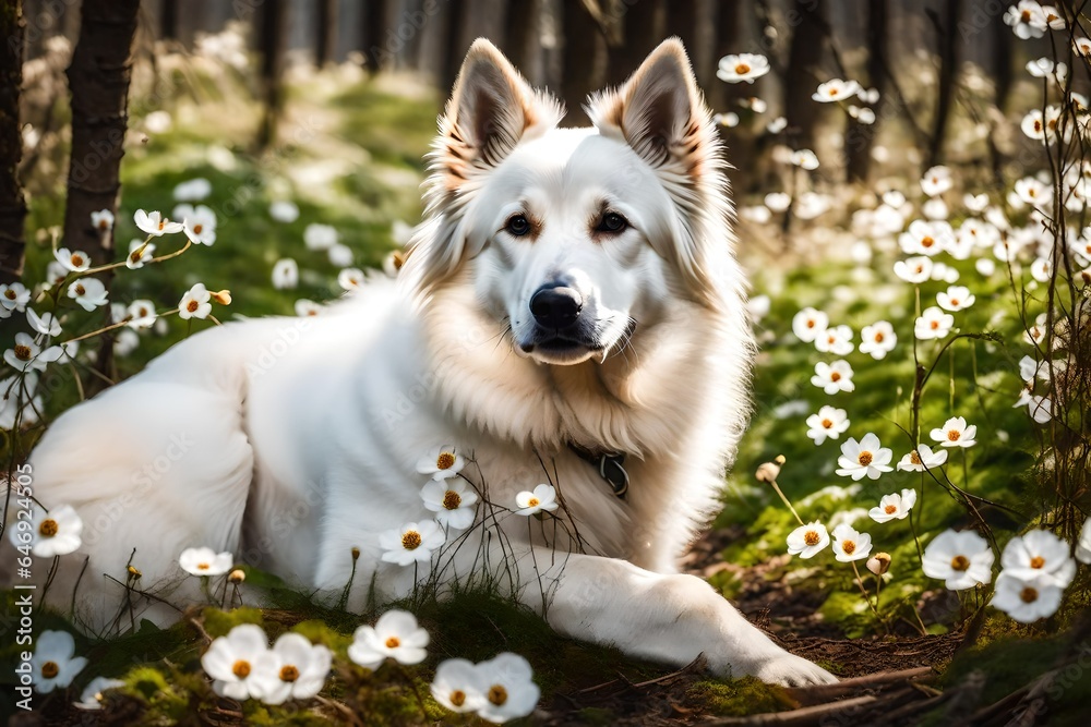 In the spring woodland, this adorable white dog sits amid gorgeous flowering wood anemones. Picture of a young Swiss Shepherd dog in the spring woods. 4k, 8k, 32 --v 5 - (1) In the spring woodland, this adorable white dog sits amid gorgeous flowering wood anemones. Picture of a young Swiss Shepherd dog in the spring woods. 4k, 8k, 32 --v 5 - (1)