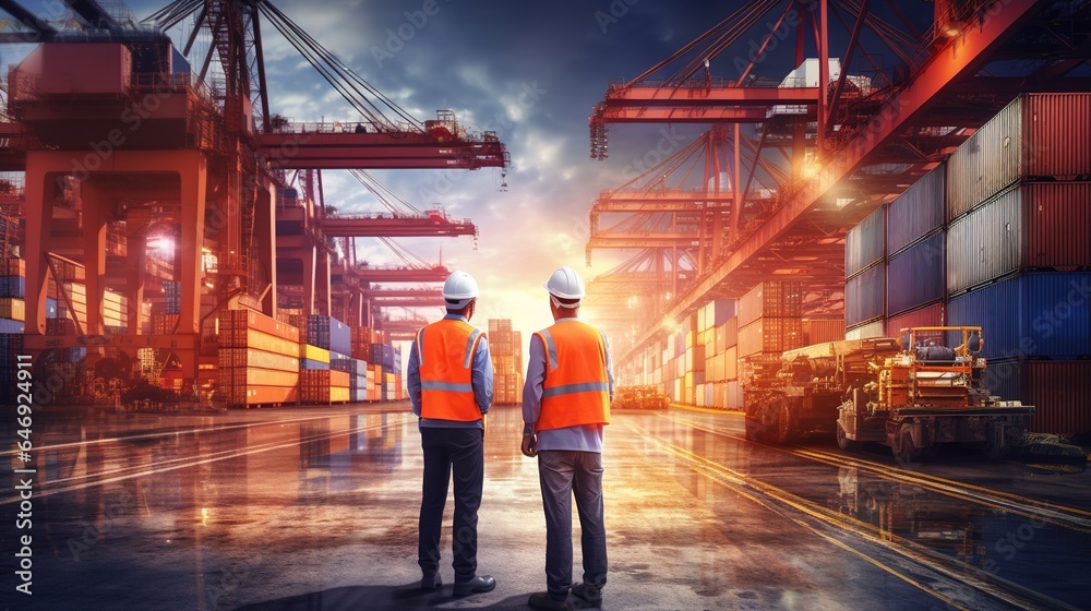 Control employees operate cranes, load intermediate container boxes ...
