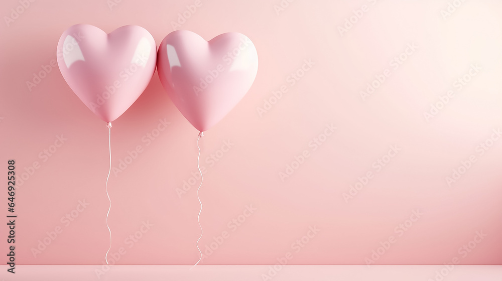 Two pink heart-shaped balloons on a pink background, pastel colors. Concept Valentine's Day, wedding, Love symbol. Copy space. Two pink heart-shaped balloons on a pink background, pastel colors. Concept Valentine's Day, wedding, Love symbol. Copy space.