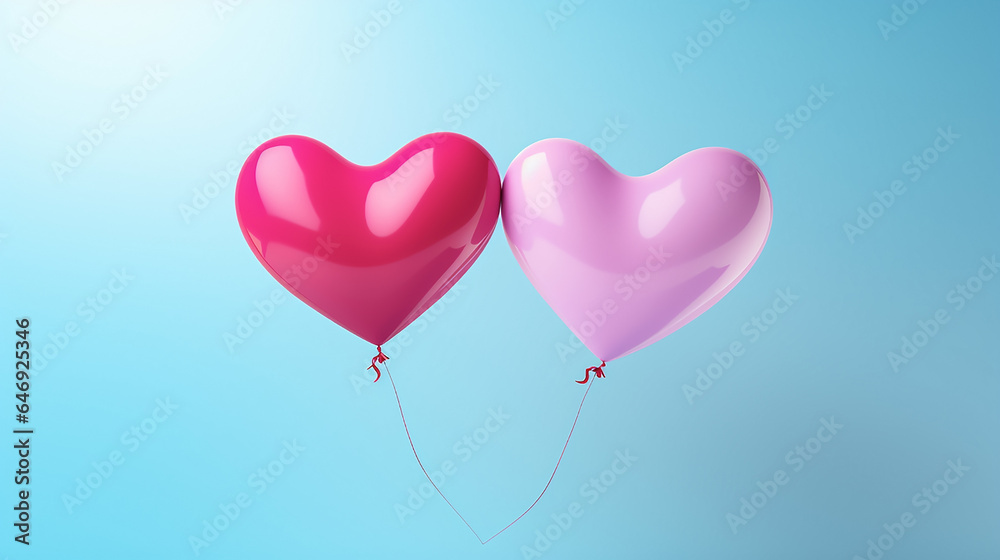 Two pink heart-shaped balloons on a blue background. Concept Valentine's Day, wedding, Love symbol. Copy space.