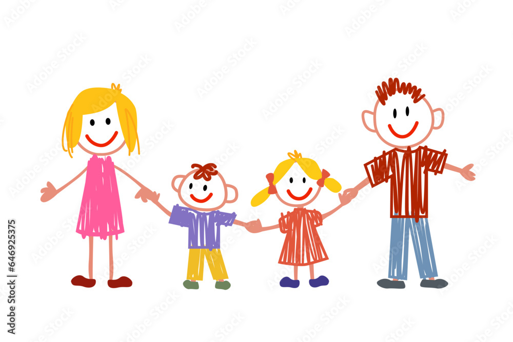 Family - brother, sister holding hands with mother and father. The drawings are drawn by a child's hand with colored pencils on white paper. Vector illustration isolated on white background.