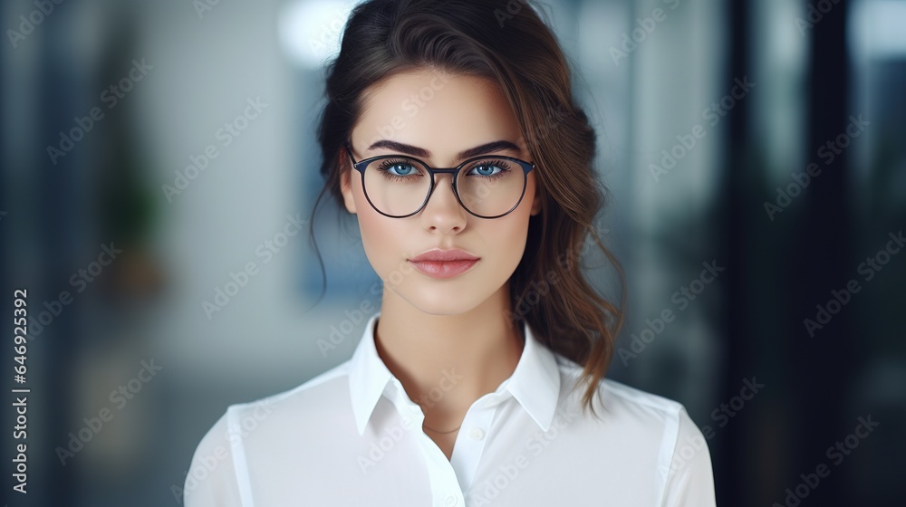 portrait of a woman in glasses at camera in office. generative ai portrait of a woman in glasses at camera in office. generative ai
