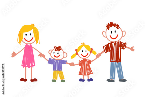Family - brother, sister holding hands with mother and father. The drawings are drawn by a child's hand with colored pencils on white paper. Vector illustration isolated on white background.