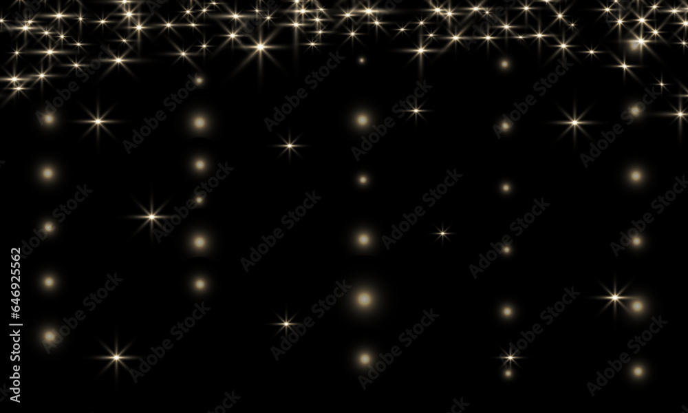 Vector Gold glitter border with sparkles. Background with magic dust glows on dark. Light effect. Vector Gold glitter border with sparkles. Background with magic dust glows on dark. Light effect.