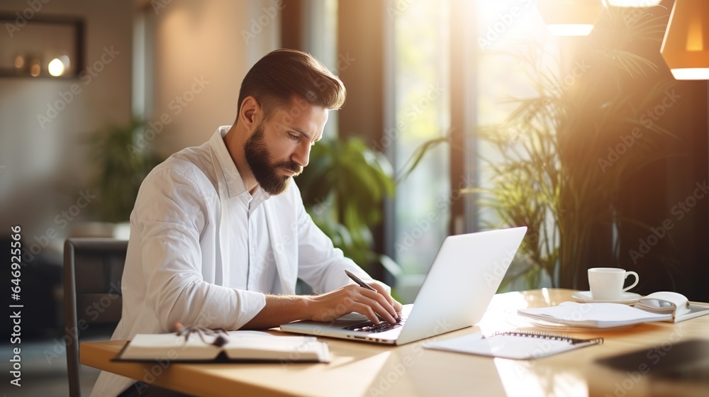 Obraz premium Businessman working on laptop in office. generative ai