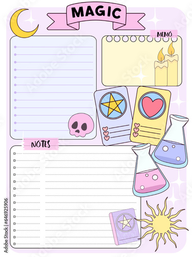 Cute girls school notes with magic star moon  poison , blue, pink, white, magenta, cartoon character, empty to do list, weekly planer for kid's education, reminder ready for print  inspiration