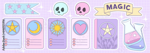 Mystic occult  witch sticker set with skull tarot poison, magic book, star, moon, heart, sun, love for kids magic