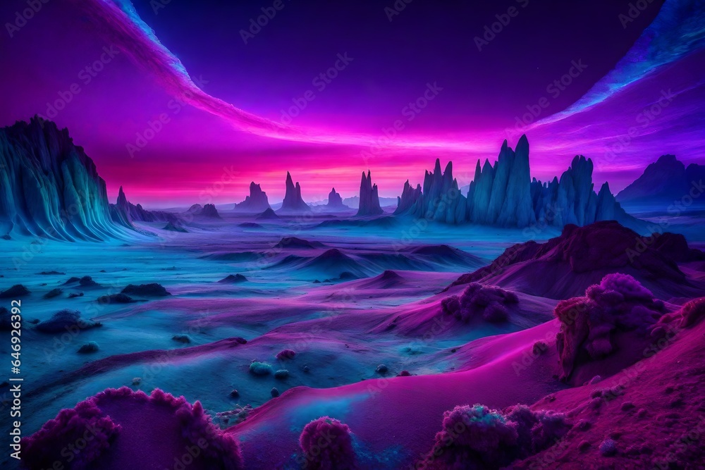 Otherworldly Beauty: Purple Clouds and Majestic Mountains on an Alien Planet
