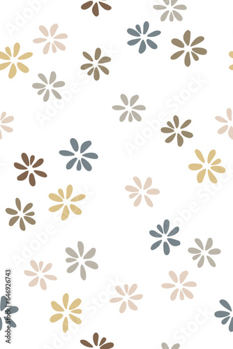 Naive seamless floral pattern. Modern minimalist trendy boho style background design with colorful pastel porosity flowers on a white background. Scandinavian print for textile wallpaper paper.