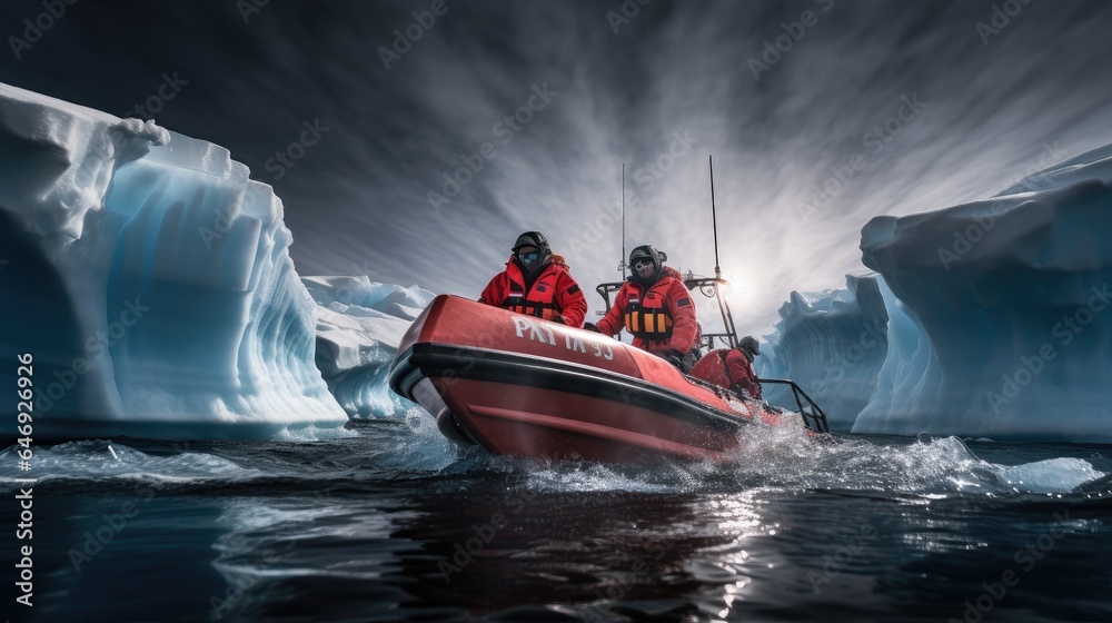 Fototapeta premium group of scientists on a research expedition in Antarctica. Target Audience: Scientific journals, educational materials, travel magazines, and environmental organizations.