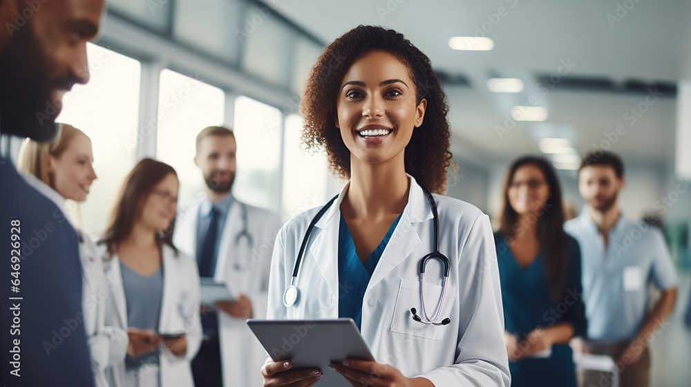 smiling doctor holds a computer tablet. Standing female healthcare professional holding test results with colleagues in the backdrop. generative ai smiling doctor holds a computer tablet. Standing female healthcare professional holding test results with colleagues in the backdrop. generative ai