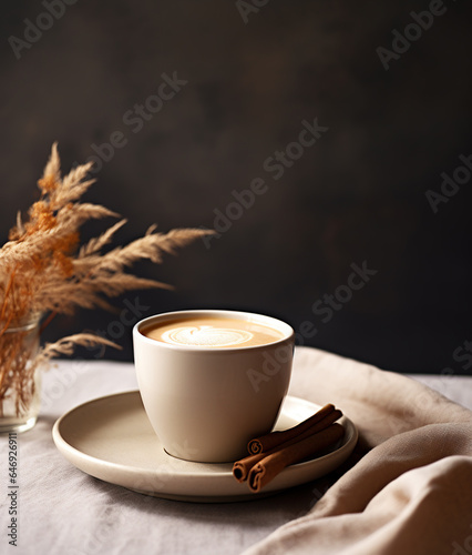 Cup of hot coffee with milk and cinnamon