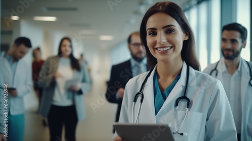 smiling doctor holds a computer tablet. Standing female healthcare professional holding test results with colleagues in the backdrop. generative ai